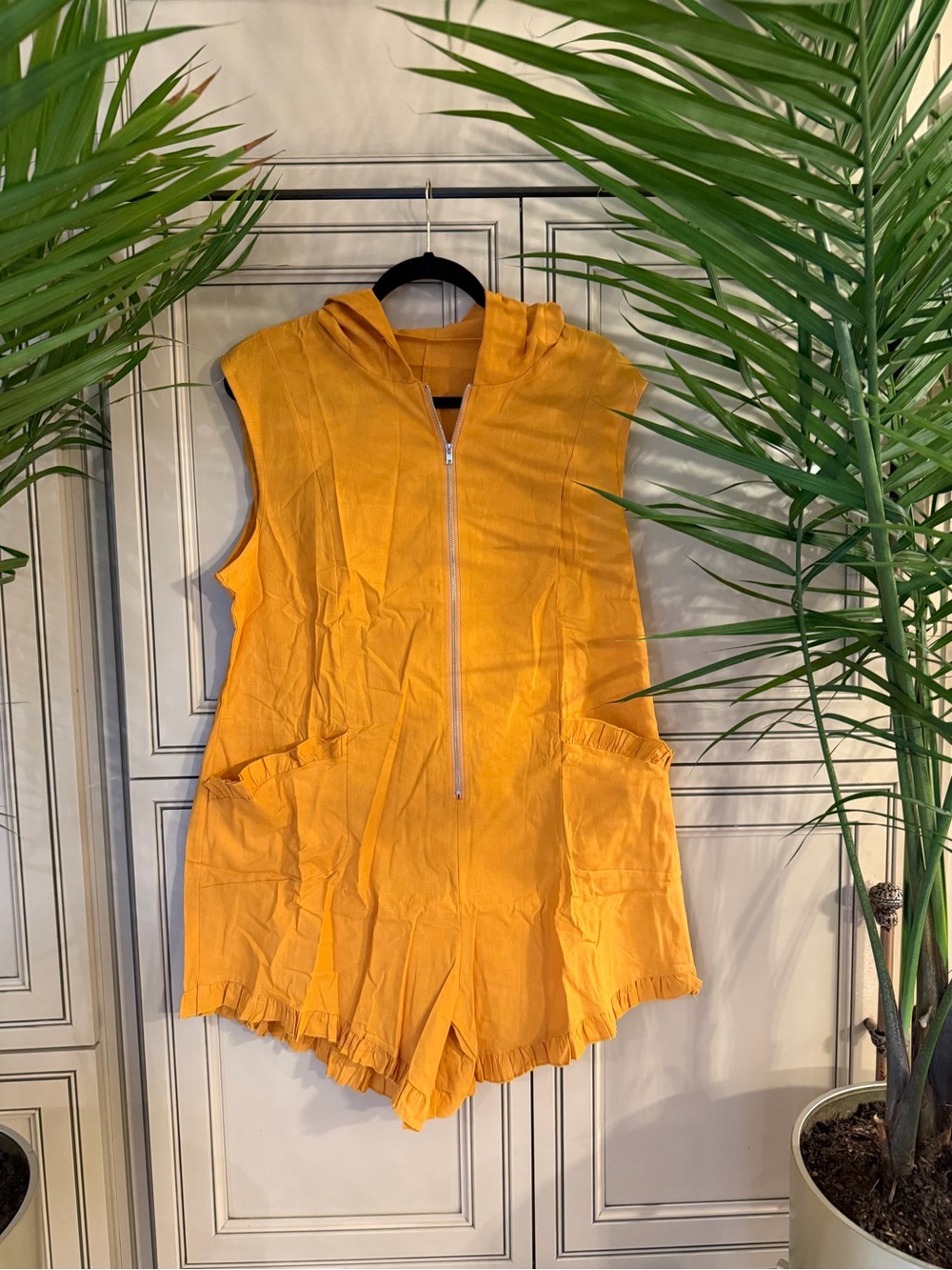 New Sleeveless Zip Up Hooded mustard Yellow Ruffle Romper Western Boho Fall 2XL